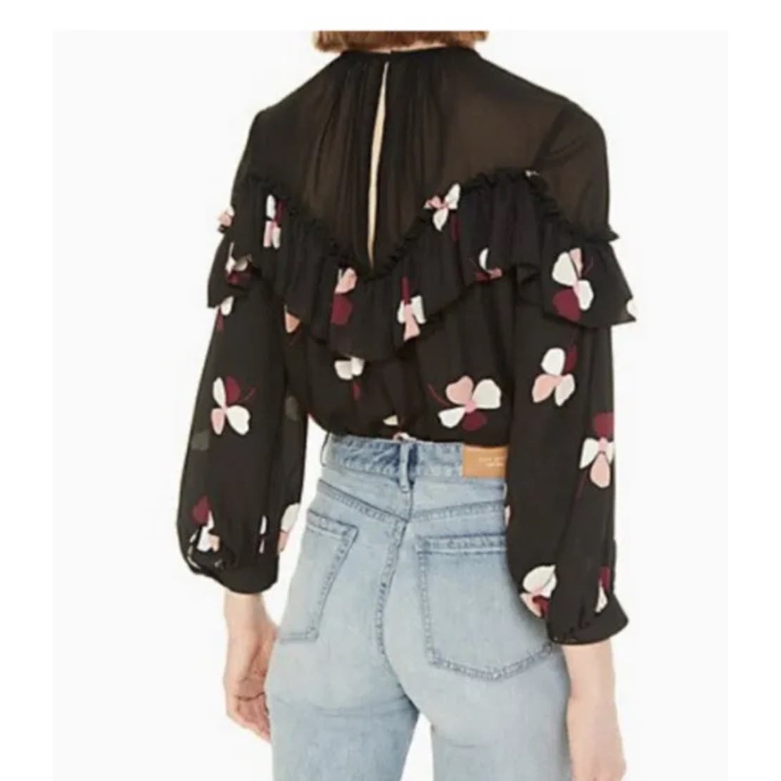 KATE SPADE Glitzy Ritzy Dusk Buds Ruffle Blouse In Black Size M