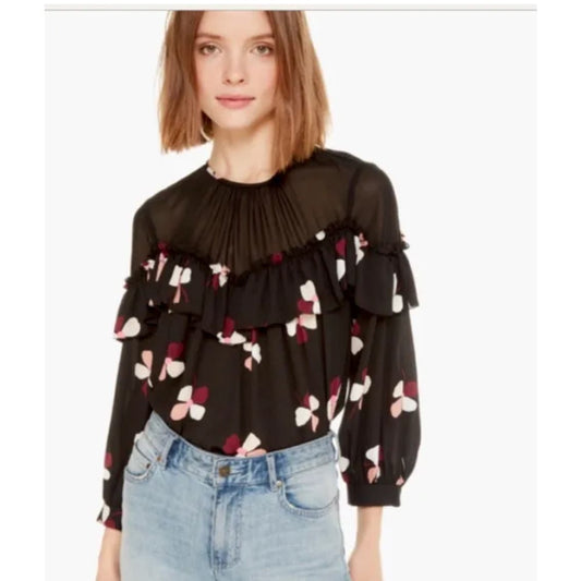 KATE SPADE Glitzy Ritzy Dusk Buds Ruffle Blouse In Black Size M