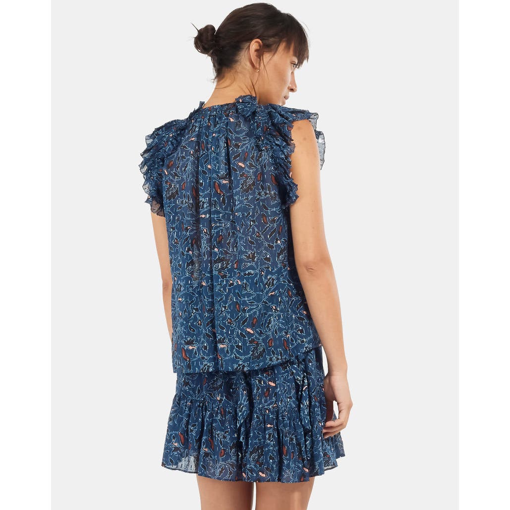 ULLA JOHNSON Blue Printed Sheer Ruffle Sleeveless Top - 2