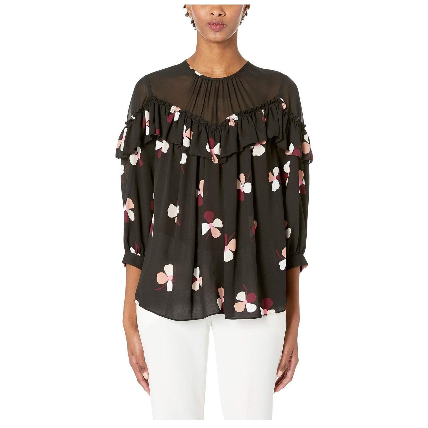 KATE SPADE Glitzy Ritzy Dusk Buds Ruffle Blouse In Black Size M