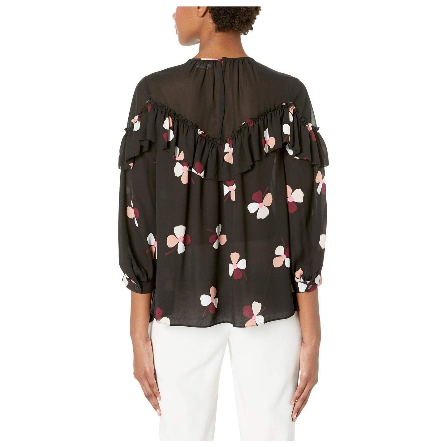 KATE SPADE Glitzy Ritzy Dusk Buds Ruffle Blouse In Black Size M