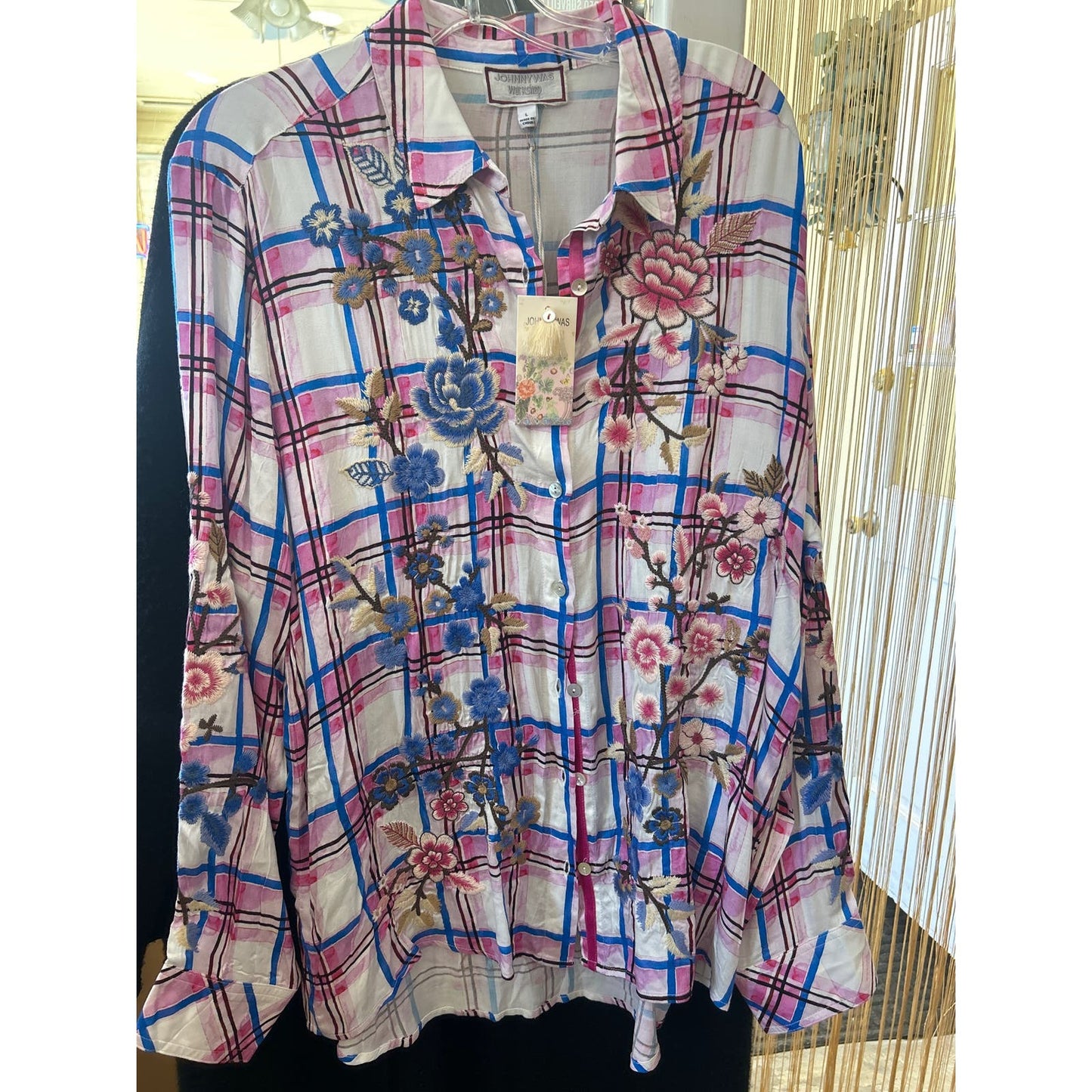 Johnny Was Malta Floral-Embroidered Plaid Shirt Size Large NWT