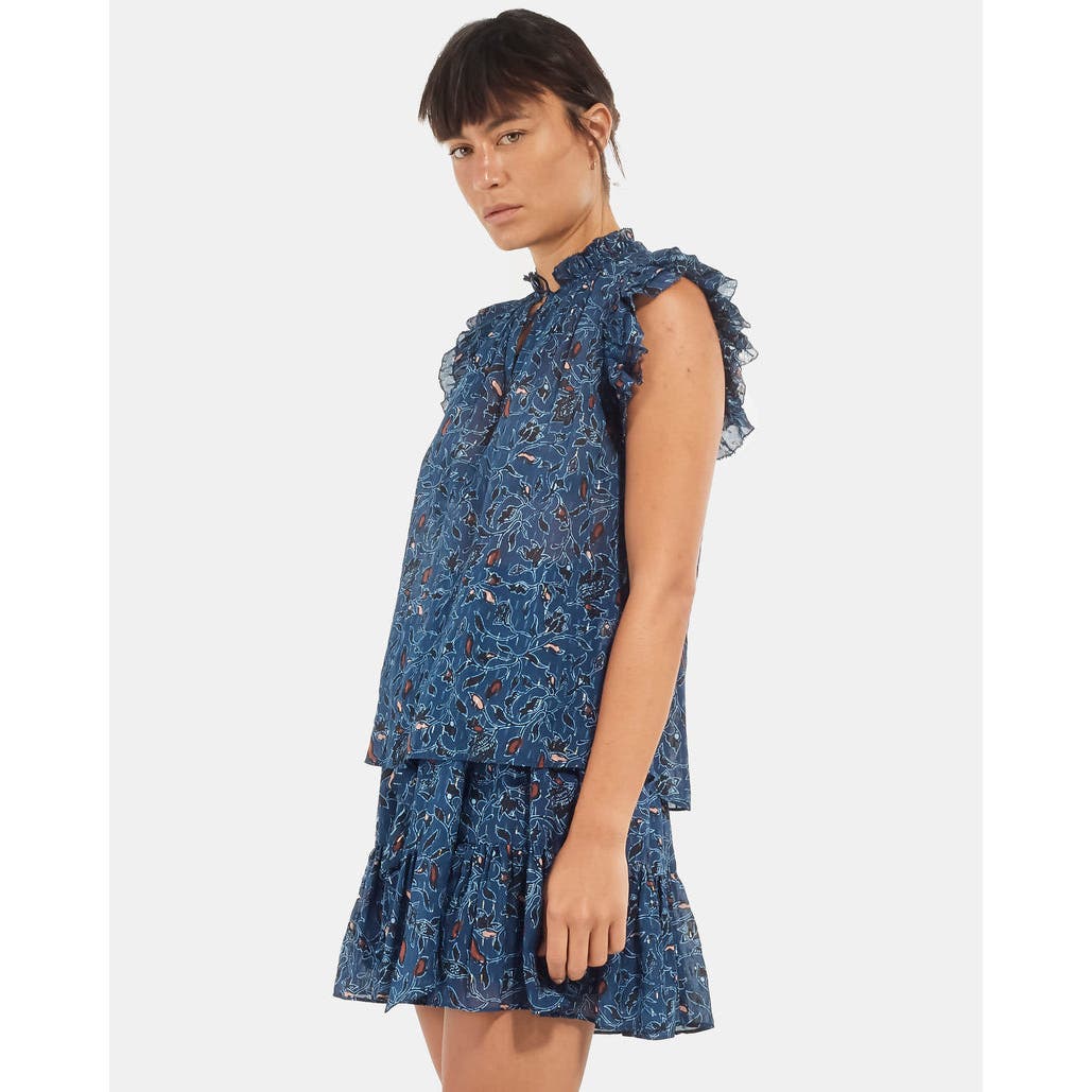 ULLA JOHNSON Blue Printed Sheer Ruffle Sleeveless Top - 2