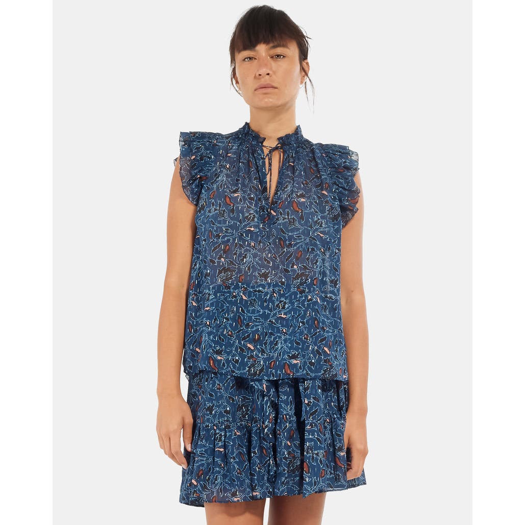 ULLA JOHNSON Blue Printed Sheer Ruffle Sleeveless Top - 2