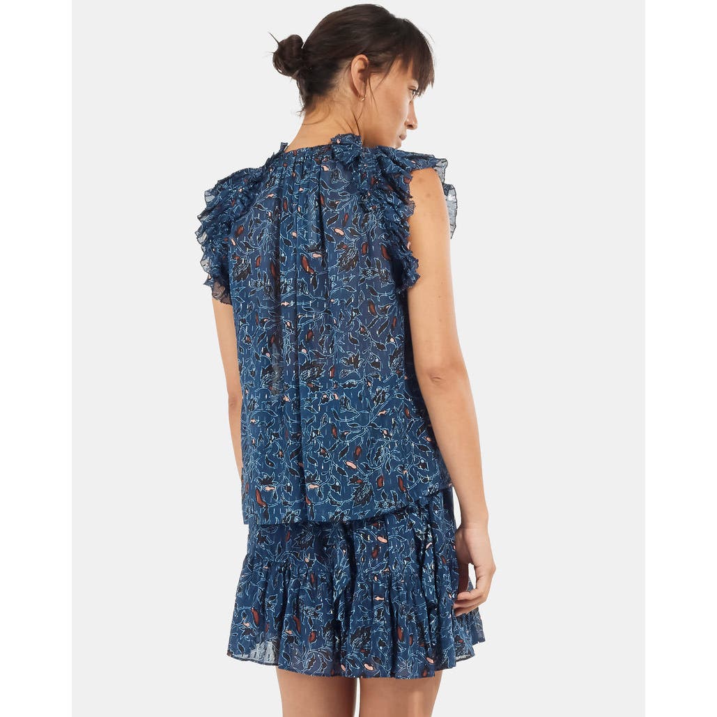 ULLA JOHNSON Blue Printed Sheer Ruffle Sleeveless Top - 2