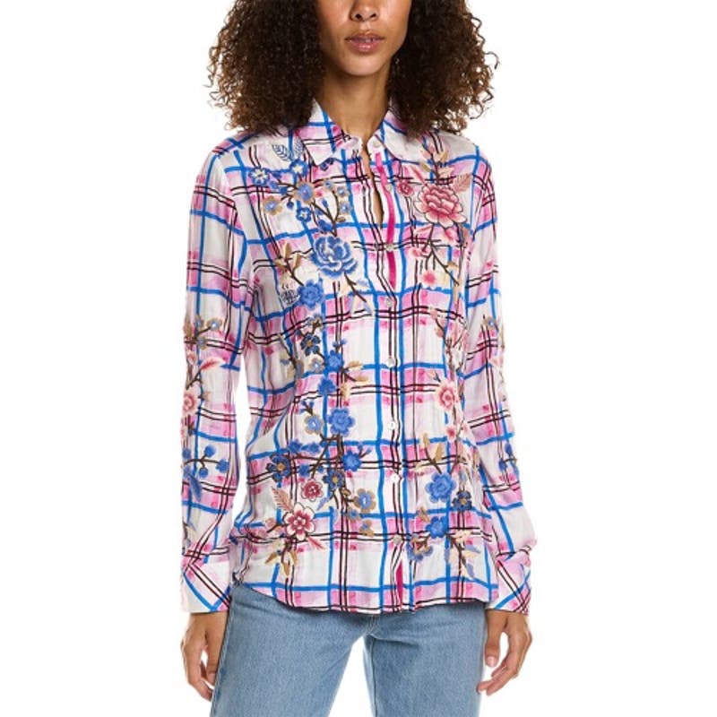 Johnny Was Malta Floral-Embroidered Plaid Shirt Size Large NWT